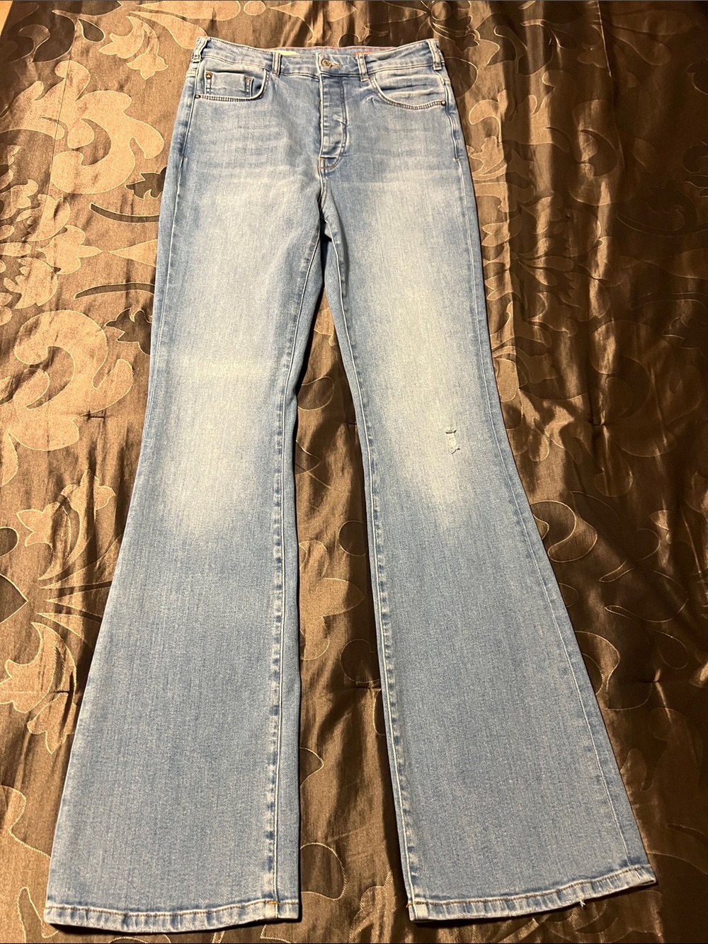 Pilcro Anthropologie High Rise Stretch Light Blue Flare Jeans 30 TALL Button Fly